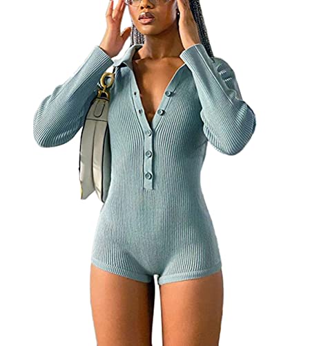 ORANDESIGNE Damen Y2K Strick Kurzarm Bodycon Jumpsuit V Ausschnitt Strampler Knopf Einteiler Pyjama Sommer Sexy Onesie Strampler Overall H Blau S von ORANDESIGNE