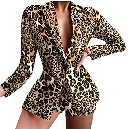 ORANDESIGNE Damen Zweiteiliger Anzug Set Revers Business Büro Formal Blazer Langarm Anzugjacke Hosenanzug Slim Fit Kurze Hose 2 Stück B Leopard L von ORANDESIGNE