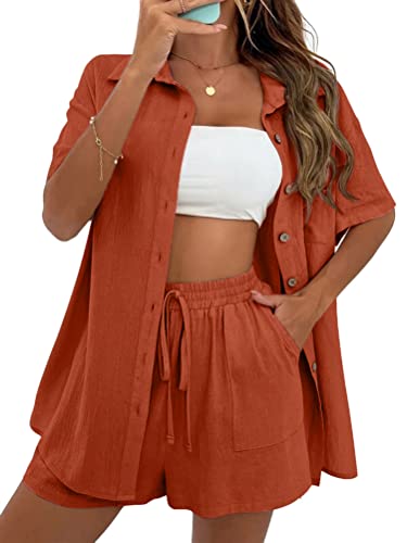 ORANDESIGNE Damen Zweiteiliges Short Set Loungewear Short Und Blusen Kurzarm Sommer Elegant Outfit 2 Teiler Kurz Hosenanzug Festlich Modern Freizeitanzug Stoff Hausanzug A Orange L von ORANDESIGNE