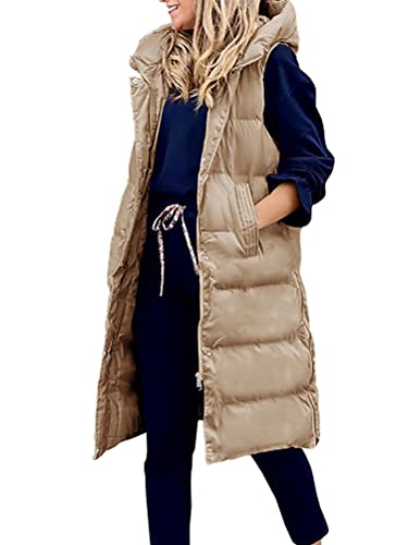 ORANDESIGNE Daunenweste Damen Lang Wintermantel Vest mit Kapuze Weste Mantel Ärmellose Warmer Daunenmantel mit Taschen Steppweste Damen Daunenjacke Steppjacke Outdoor B Khaki M von ORANDESIGNE