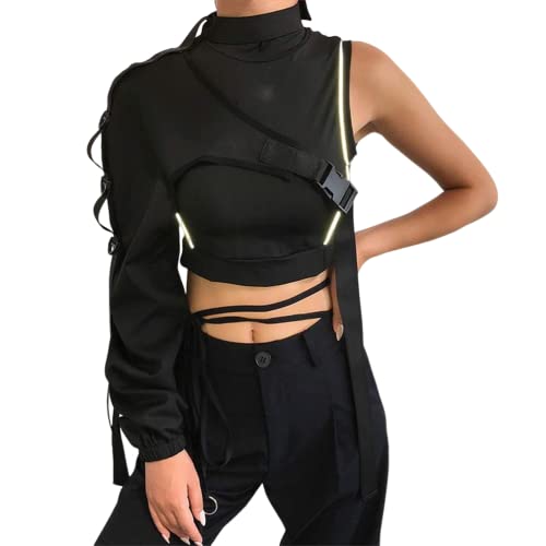 ORANDESIGNE Frauen One Shoulder Reflective Crop Top Choker Schnalle Unregelmäßige T-Shirt Achselzucken O Schwarz Einheitsgröße von ORANDESIGNE