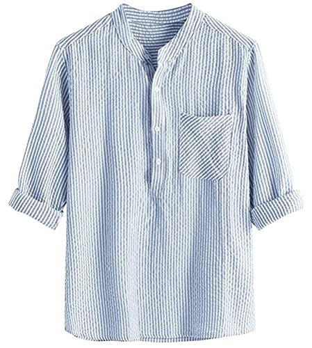 ORANDESIGNE Freizeithemden Herren Shirts Locker Lässig Leinenhemd mit Stehkragen Henley Langarmhemd mit Brusttasche Sommerhemd Gestreiftes Hemd Tops Jugend Teen A Blau 3XL von ORANDESIGNE