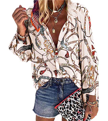 ORANDESIGNE Gedruckte Oberteile Blumen Muster Tunika Hippie Strandbluse Bunte Boho Shirts Schwinge Saum Tunika mit Laternenärmel Geblühmte Oberteile Long Shirts Damen Herbst Beige 40 von ORANDESIGNE