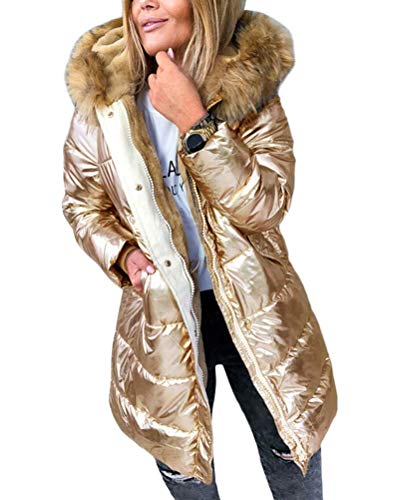 ORANDESIGNE Goldene Metallic Taschen Umlegekragen Langarm Warmer Glänzend Steppjacke Wintermantel Damen Mode XS von ORANDESIGNE