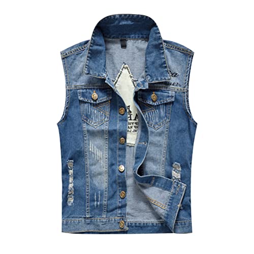 ORANDESIGNE Herren Denim Weste Mode Casual Zerrissene Jeansweste Freizeit Männer Weste Blau Basics schmale Jeansmantel Motorradjacke Punkjacke D Hellblau XL von ORANDESIGNE