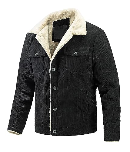 ORANDESIGNE Herren Fleece Jeansjacke Gefütterte Cordjacke Warme Übergangsjacke Winter Cargo Jacke mit Teddyfell-Kragen Sherpa Trucker Retro Revers Wintermantel B Schwarz M von ORANDESIGNE