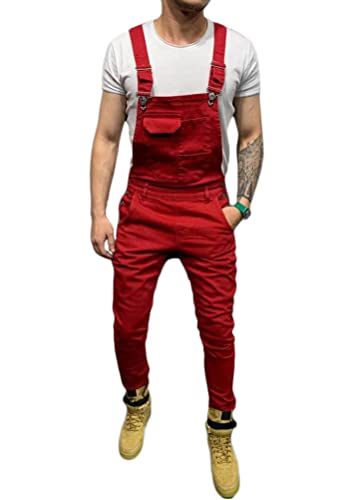 ORANDESIGNE Herren Jeans Latzhose Lange Jeanshose Jumpsuit Suspender Pants Retro Denim Bib Skinny Fit Streetwear Stone-Washed Zerreißen Arbeitshosen Qualität mit Taschen E Rot S von ORANDESIGNE