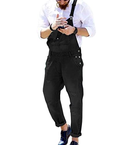 ORANDESIGNE Herren Jeans Latzhose Lange Jeanshose Jumpsuit Suspender Pants Retro Denim Bib Skinny Fit Streetwear Stone-Washed Zerreißen Arbeitshosen Qualität mit Taschen K Schwarz XL von ORANDESIGNE