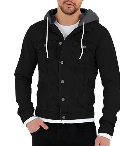 ORANDESIGNE Herren Jeansjacke mit Kapuze Sweatjacke Denim Vintage Jeans-Jacke für Männer Denim Weste Slim-Fit Freizeit Hoodie Übergangsjacke A Schwarz S von ORANDESIGNE