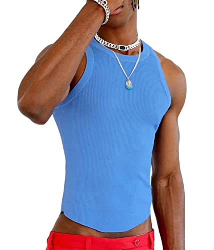 ORANDESIGNE Herren Sexy Y2K Crop Tops Männer Tank Tops Ärmellos Gestricktes T-Shirt Strapsweste mit gerolltem Saum Slim Fit Unterhemden D Blau M von ORANDESIGNE