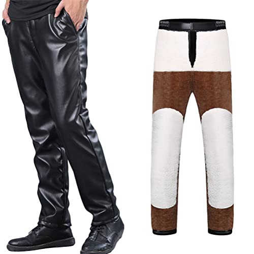 ORANDESIGNE Herren Slim Fit Soft PU Faux Leder Biker Hose Lederhosen wasserdichte Lederhose Weich Motorradhose Business Kunstleder Hosen Warme Winter Fleecehose B Schwarz L von ORANDESIGNE