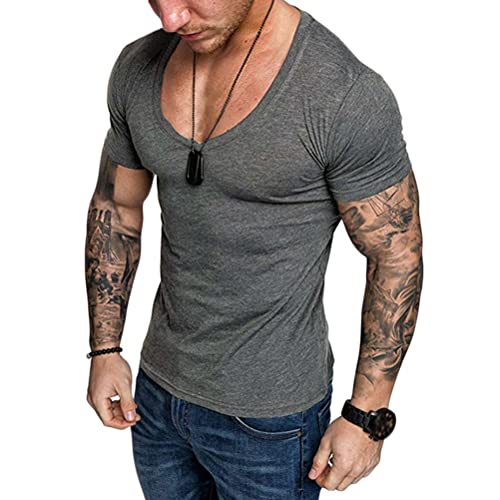 ORANDESIGNE Herren Sommer T-Shirt Basic Kurzarm V-Ausschnitt Slim Fit Moderner Männer Hemd Lässiges Einfarbig Muskel T-Shirt Freizeit Fitness Training Top A Dunkelgrau S von ORANDESIGNE