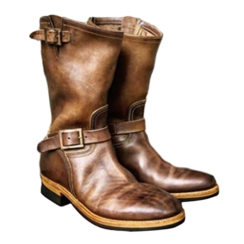 ORANDESIGNE Herren Western Cowboystiefel Vintage Motorradstiefel Winter Männer Leder Kurzschaft Stiefel Unisex Erwachsene Reiterstiefel Arbeitsstiefel B Braun 41 von ORANDESIGNE