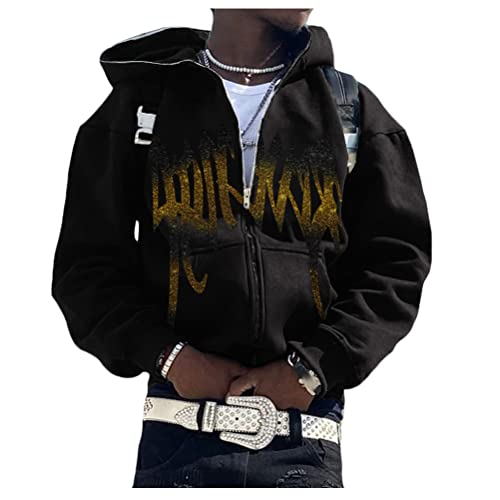 ORANDESIGNE Herren Y2K Jacke Zip Up Hoodies Sterne Motiv Graphics Harajuku für Paare Sweatshirt Vintage Kapuzenjacke Unisex Locker Sweatjacke mit Kapuze 90er E-Girl Top E Gold XL von ORANDESIGNE