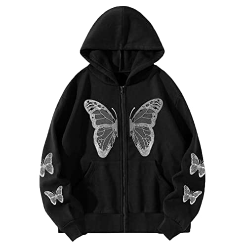 ORANDESIGNE Jacke Damen Sweatjacke Herren Pullover Kapuzenpullover Pulli mit Reissverschluss Frauen Zip Up Hoodies Goth Skeleton Rib Cage Graphics Y2K Harajuku Neuheit Sweatshirt G Schwarz M von ORANDESIGNE