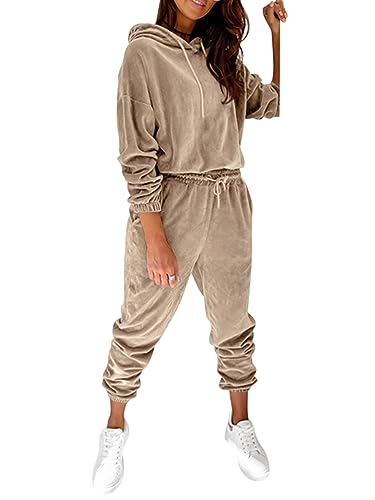 ORANDESIGNE Jogginganzug Damen Set Winter Kapuzenpullover und Jogginghose 2 Stück Hausanzug Samt Schlafanzug Warm Pyjama Hosenanzug Elegant Chic Comfy Lässiges Outfit Loungewear Kamel L von ORANDESIGNE