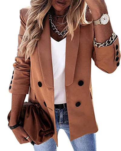 ORANDESIGNE Khaki Damen Blazer Elegant Langarm Blazer Sakko Einfarbig Slim Fit Revers Geschäft Büro Jacke Kurz Knopfleiste Mantel Anzüge Bolero mit Tasche Khaki S von ORANDESIGNE