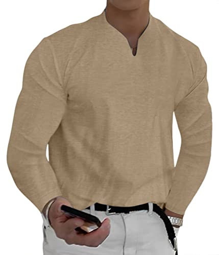 ORANDESIGNE Langarmshirt Herren Dünner Stoff Langarm Basic Longsleeve Sportshirt V Ausschnitt T-Shirt Fitness Outdoor Sports Running Shirt Dünn Sweatshirt Sweater Pullover Keine Tasche Khaki L von ORANDESIGNE