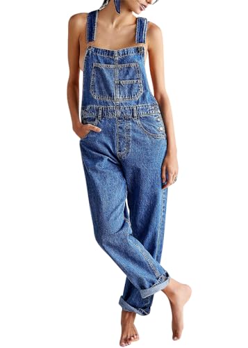 ORANDESIGNE Latzhose Damen Denim Stretch Straight Leg Jeans Vintage Overall Regular Fit Bib Jean Jumpsuits Comfy Verstellbare Riemen Lässig Boyfriend Stylisch Jumpsuit A Blau XL von ORANDESIGNE