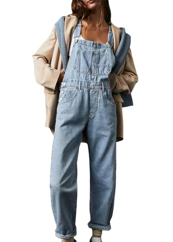 ORANDESIGNE Latzhose Damen Denim Stretch Straight Leg Jeans Vintage Overall Regular Fit Bib Jean Jumpsuits Comfy Verstellbare Riemen Lässig Boyfriend Stylisch Jumpsuit A Hellblau S von ORANDESIGNE