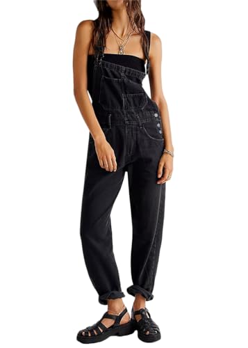 ORANDESIGNE Latzhose Damen Denim Stretch Straight Leg Jeans Vintage Overall Regular Fit Bib Jean Jumpsuits Comfy Verstellbare Riemen Lässig Boyfriend Stylisch Jumpsuit A Schwarz M von ORANDESIGNE