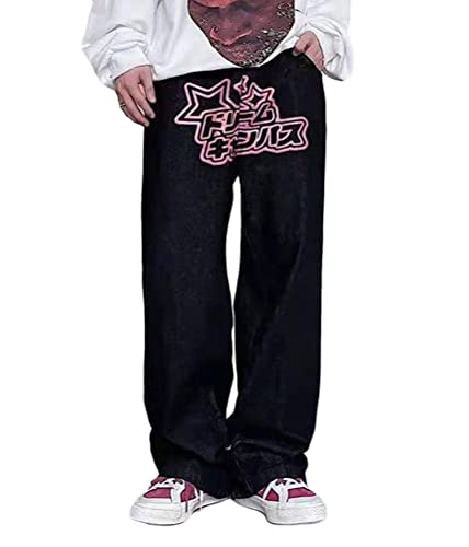 ORANDESIGNE Men Hip Hop Jeans Baggy Straight Leg Gewaschen Jeanshose Casual Denim Hosen Vintage Bedruckte Jeans Teenager Jungen Skateboard Hose Streetwear Q Schwarz S von ORANDESIGNE