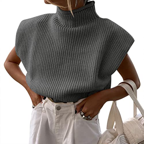 ORANDESIGNE Pullover Damen Strick Rolli Pullunder Ärmellos Elegant Winter Rollkragen Strickpullover Knit Sweater Streetwear Rippstrick Pulli Grau L von ORANDESIGNE