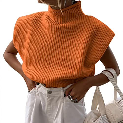 ORANDESIGNE Pullover Damen Strick Rolli Pullunder Ärmellos Elegant Winter Rollkragen Strickpullover Knit Sweater Streetwear Rippstrick Pulli Orange L von ORANDESIGNE