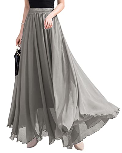 ORANDESIGNE Rock Damen Elegant Lang Maxi Faltenrock Hohe Taille Plissee Röcke Elastische Taille A Linie Casual Rüll Swing Chiffonrock Leicht Festlich Maxirock Cocktail Freizeitrock Grau L von ORANDESIGNE