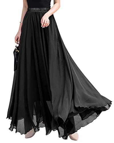 ORANDESIGNE Rock Damen Elegant Lang Maxi Faltenrock Hohe Taille Plissee Röcke Elastische Taille A Linie Casual Rüll Swing Chiffonrock Leicht Festlich Maxirock Cocktail Freizeitrock Schwarz L von ORANDESIGNE