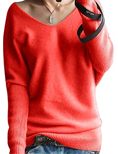 ORANDESIGNE Rollkragenpullover Strickpullover Grobstrickpullover Casual Lose Pulli Langarm Oberteile Damen Pullover lose Pullis Langarm Oberteil Rollkragen Outwear Rot XL von ORANDESIGNE