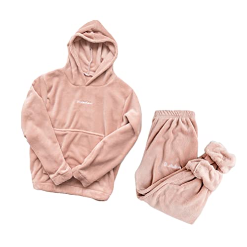 ORANDESIGNE Schlafanzug Damen Lang Fleece Pyjama Schlafhosen Und Oberteile Warmes Kuschelig Nachtwäsche Hausanzug Winter C Rose S von ORANDESIGNE