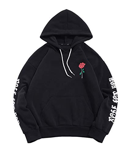 ORANDESIGNE Schwarz Herren Rosenbrief Vlies Känguru Tasche Kordelzug Hoodie Zur Seite Fahren Kapuzenpullover Grafikdruck Blumendruck Sweatshirt B Schwarz S von ORANDESIGNE