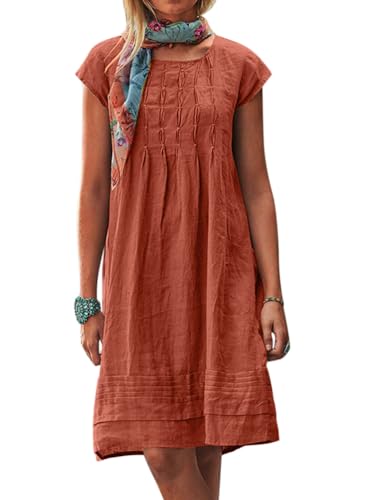 ORANDESIGNE Sommerkleider Damen Casual Sommer Kurzarm Leinenkleid Rundhals Lang Kaftan Maxikleider Mit Taschen B Orange L von ORANDESIGNE