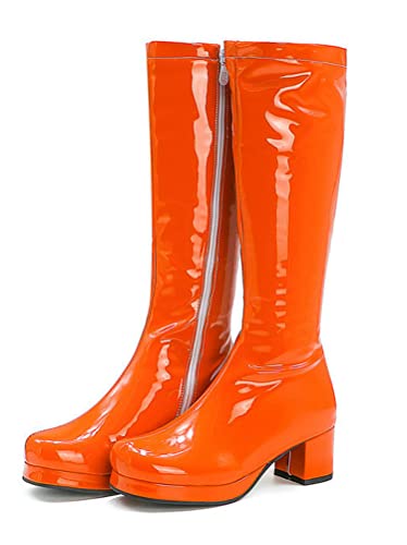 ORANDESIGNE Stiefel aus Lackleder Damen Lederstiefel Kalbsstiefel Lange Stiefel Langschaftstiefel Kniehoch Stiefel Blockabsatz Runde Zehenstiefel Sexy Zip Herbst Winter B Orange 38 EU von ORANDESIGNE