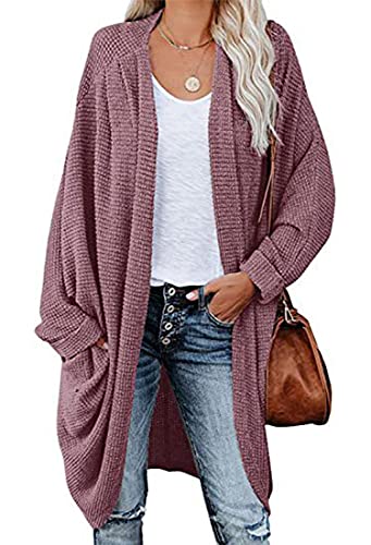 ORANDESIGNE Strickjacke Damen Lang Cardigan Basic Mäntel Herbst und Winter Strickjacke Elegant Langarm Wasserfall Open Front Lang Casual Einfarbig Atmungsaktiv Wickelcardigan A Violett XL von ORANDESIGNE