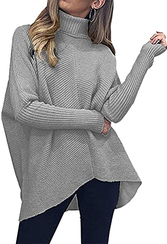 ORANDESIGNE Strickpullover Damen Oversize Rollkragenpullover Lang Winter Asymmetrischer Pullover Fledermausärmel TurtleneckLongsleeve Casual Lose Strickpulli A Grau L von ORANDESIGNE