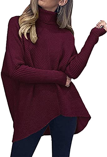 ORANDESIGNE Strickpullover Damen Oversize Rollkragenpullover Lang Winter Asymmetrischer Pullover Fledermausärmel TurtleneckLongsleeve Casual Lose Strickpulli A Rot L von ORANDESIGNE