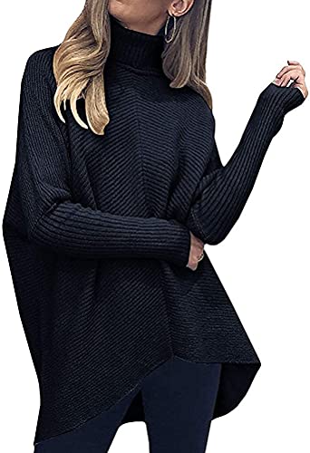 ORANDESIGNE Strickpullover Damen Oversize Rollkragenpullover Lang Winter Asymmetrischer Pullover Fledermausärmel TurtleneckLongsleeve Casual Lose Strickpulli A Schwarz L von ORANDESIGNE