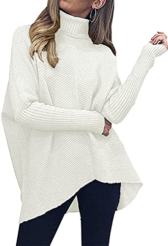 ORANDESIGNE Strickpullover Damen Oversize Rollkragenpullover Lang Winter Asymmetrischer Pullover Fledermausärmel TurtleneckLongsleeve Casual Lose Strickpulli A Weiß 3XL von ORANDESIGNE