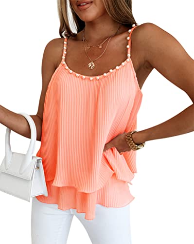 ORANDESIGNE Tank Top Damen Sommer Casual Elegant Sexy Ärmellos Racerback Rundhals Oberteil Rückenfrei Blusen Tunika Modern T-Shirt Locker Lässig Spaghetti Strap Camisole Tshirt Mit Perlen Rosa XL von ORANDESIGNE