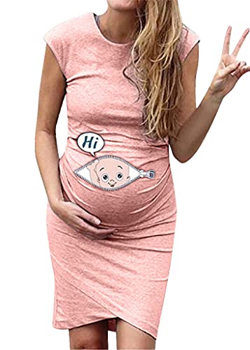 ORANDESIGNE Umstands Ärmellos Still Sommerkleid Frauen Schwangerschaft Kleid, Hi Baby, Cartoon Letter Print Umstandskleid Schwangerschaftskleid Minikleid Umstandsmode Nachthemden C Rosa M von ORANDESIGNE