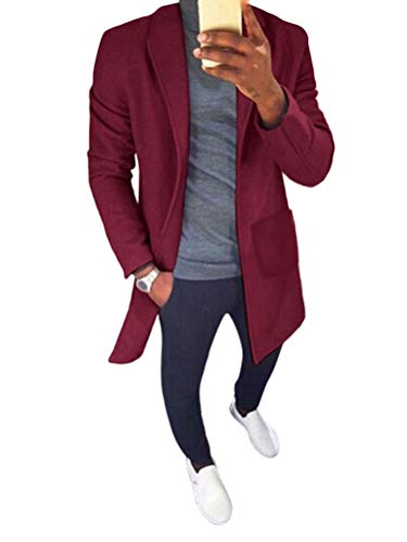 ORANDESIGNE Wintermantel Herren Slim Fit Lang Business Trenchcoat Jacke Warm Wolle Winter Mantel Windbreaker Überzieher Reverskragen Elegant A Rot Large von ORANDESIGNE