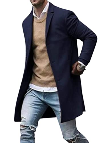 ORANDESIGNE Wollmantel Herren Lang Winter Wintermantel Mantel Slim Fit Elegant Business Trenchcoat Jacke Reverskragen Business Parka Übergangsjacke Mantel mit Taschen Wolljacke Blazer F Blau XS von ORANDESIGNE