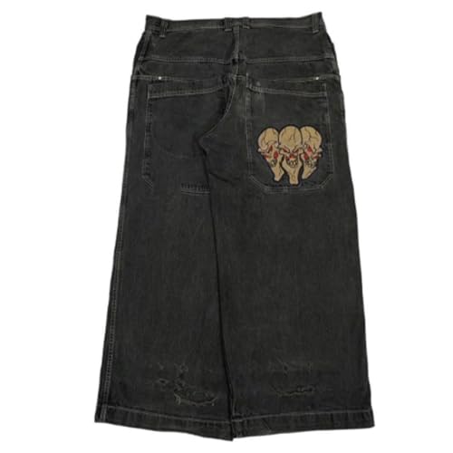 ORANDESIGNE Y2k Jeans Herren Hip Hop Retro Schädel Stickerei Gewaschen Baggy Denim Hose Lässig Lose Weites Bein Hose Streetwear M Schwarz XL von ORANDESIGNE