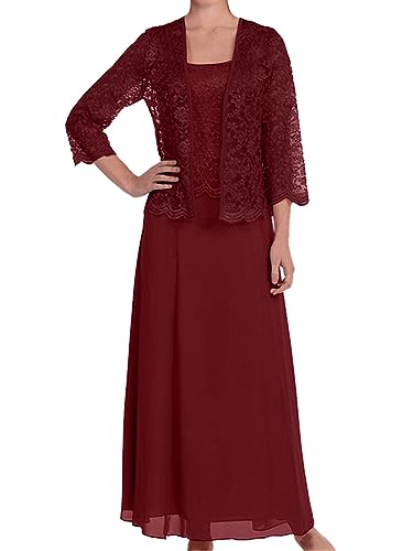 ORANDESIGNE Zweiteiler Damen Elegant Festlich Hochzeit Tüll Spitze Bolero und Abendkleid Maxi Lang Schicke Abendmode Set Outfit 2 Teiler Party Cocktail Mode Kleider Anzug Burgunderrot XXL von ORANDESIGNE