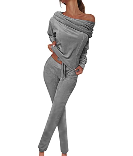 ORANDESIGNE Zweiteiler Damen Elegant Herbst Hosenanzug Casual Winter Chic 2 Teiler Set Sweatshirt Und Hose Warm Hausanzug Modern Freizeitanzug Loungewear Lässiges Outfit Samt Anzug Grau L von ORANDESIGNE