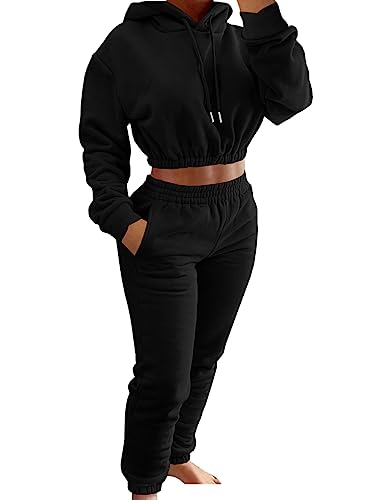 ORANDESIGNE Zweiteiler Damen Winter Crop Hoodie Langarm + Jogginghose Lang Sport Outfit Fitness Set Sportswear 2 Teiler Sportanzug Sportlich Chic Hosenanzug Warm Hausanzug Loungewear Schwarz M von ORANDESIGNE