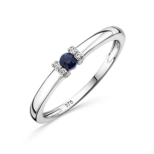 Orovi Schmuck Damen 0.02 Ct Diamant Verlobungsring Weißgold mit Edelstein/Geburtsstein natürlicher runder blauer Saphir und 4 Diamanten Brillanten Ring aus 9 Karat (375) Gold von OROVI