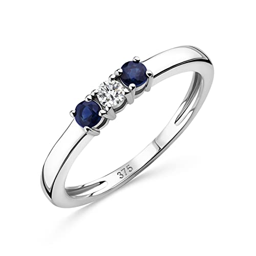 Orovi Schmuck Damen 0.06 Ct Diamant Ewigkeitsring Weißgold mit Solitär Diamant Brillant und 2 natürliche Edelsteine/Geburtssteine runde blaue Saphire Ring aus 9 Karat (375) Gold von OROVI